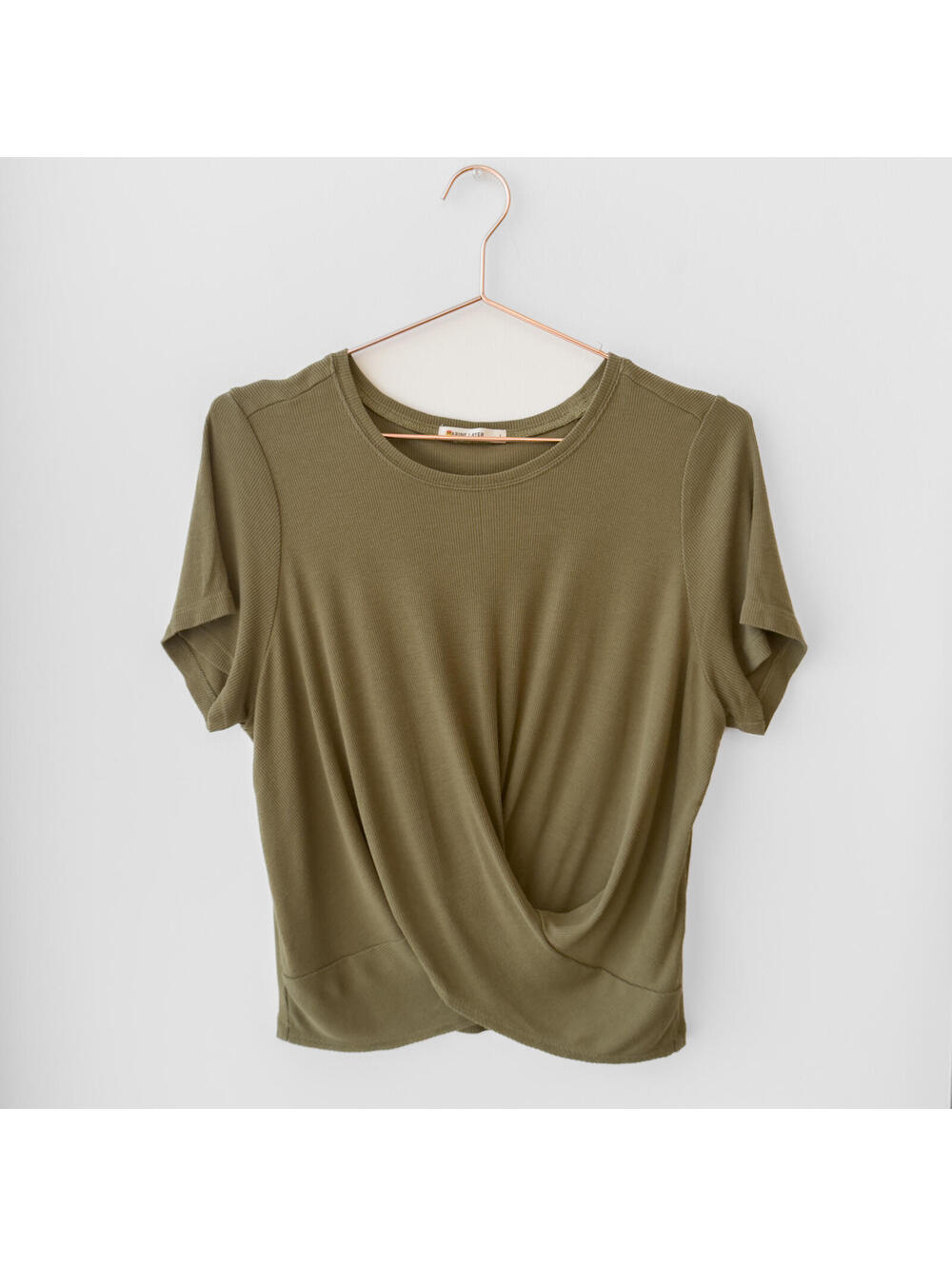 Marine Layer Olive Green Twist-Front Ribbed Short Sleeve Tee Large